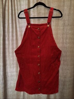 Red Corduroy Button-Front Pinafore Dress